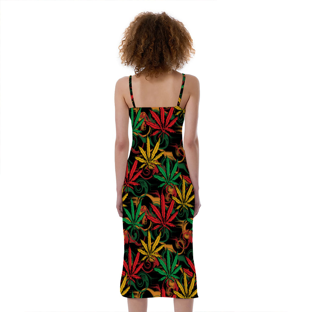 Rasta Marijuana Pattern Print Slim Fit Midi Cami Dress