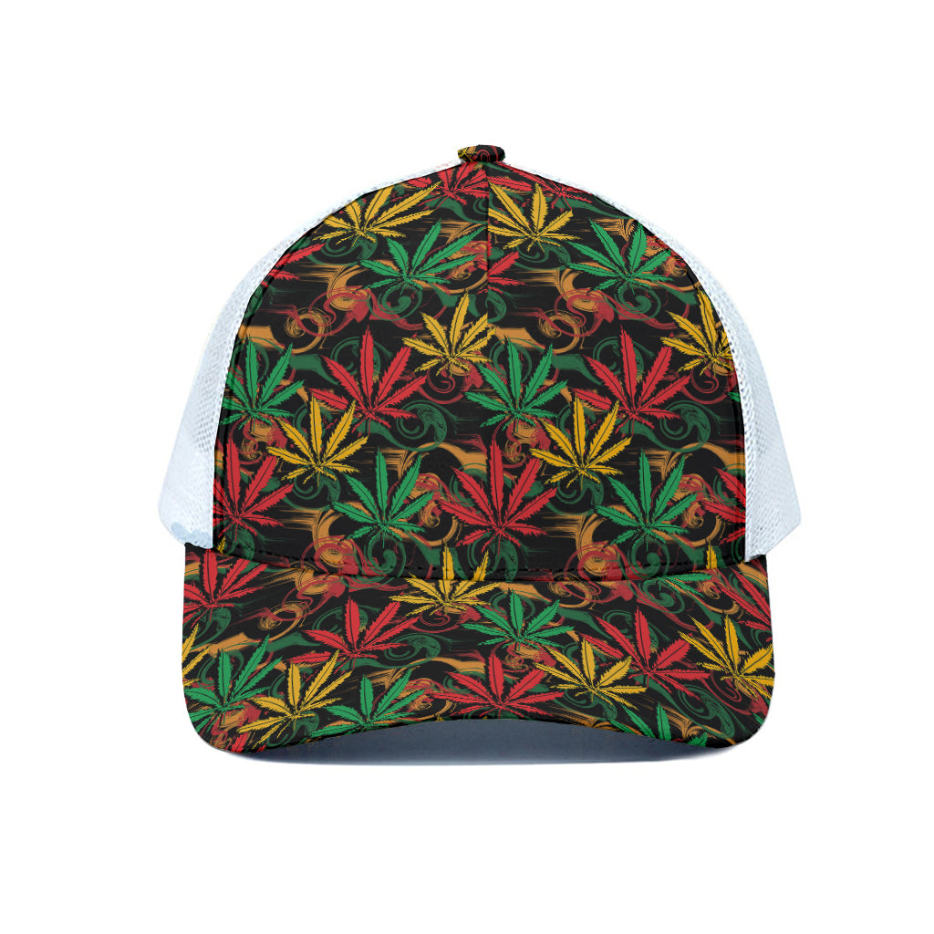 Rasta Marijuana Pattern Print White Mesh Trucker Cap