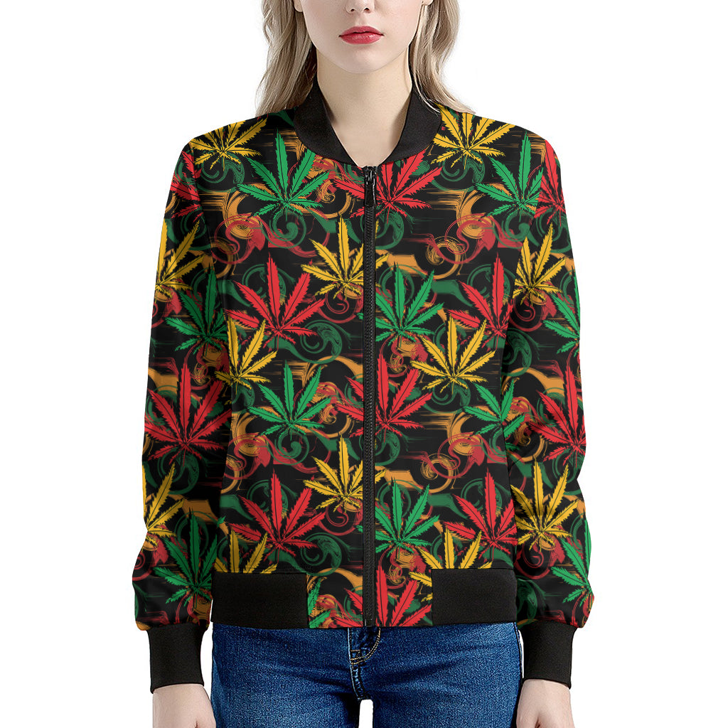 Rasta Marijuana Pattern Print Women's Bomber Jacket