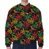 Rasta Marijuana Pattern Print Zip Sleeve Bomber Jacket