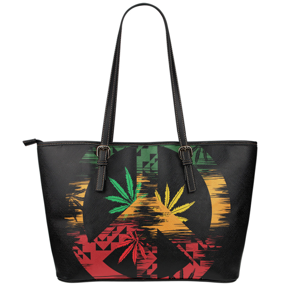 Rasta Peace Sign Print Leather Tote Bag