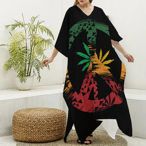 Rasta Peace Sign Print Silk V-Neck Kaftan Dress