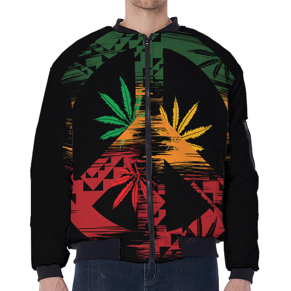 Rasta Peace Sign Print Zip Sleeve Bomber Jacket