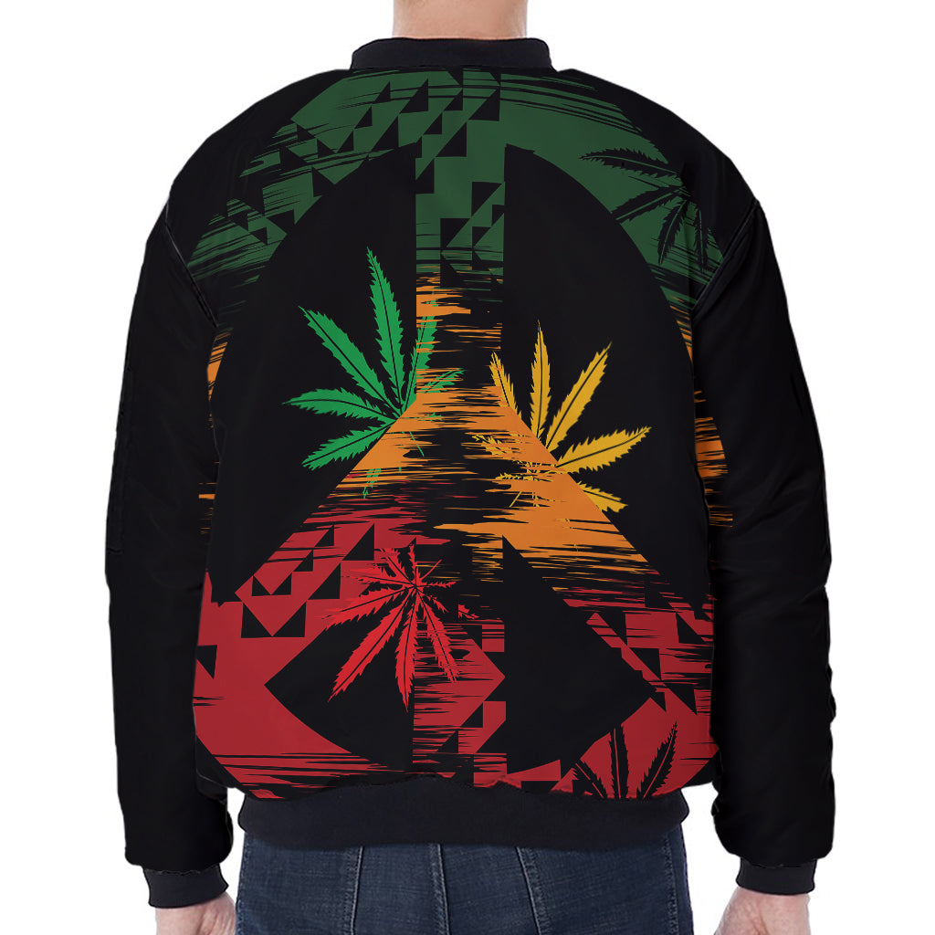 Rasta Peace Sign Print Zip Sleeve Bomber Jacket