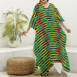 Rasta Striped Pattern Print Silk V-Neck Kaftan Dress