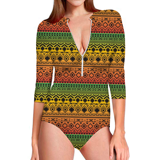 Rasta Tribal Pattern Print Long Sleeve Swimsuit