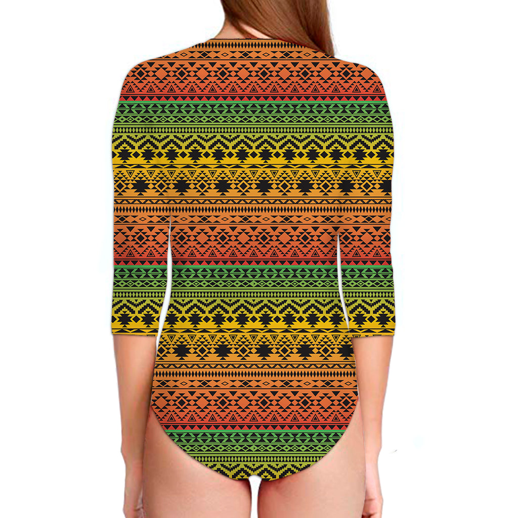 Rasta Tribal Pattern Print Long Sleeve Swimsuit