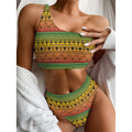 Rasta Tribal Pattern Print One Shoulder Bikini Set