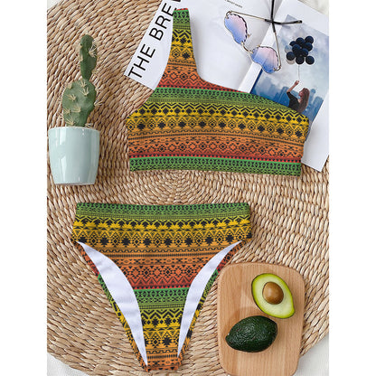 Rasta Tribal Pattern Print One Shoulder Bikini Top