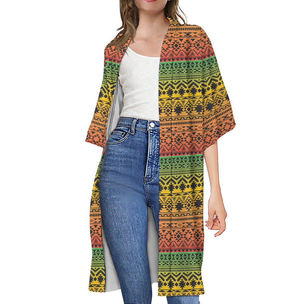 Rasta Tribal Pattern Print Open Front Beach Cover Up