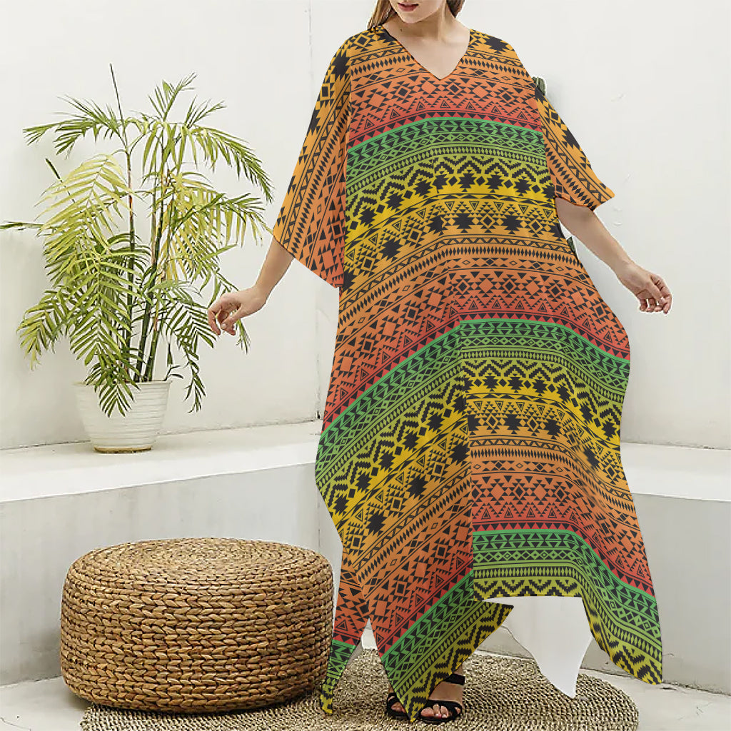 Rasta Tribal Pattern Print Silk V-Neck Kaftan Dress