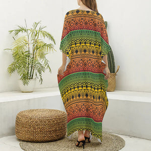 Rasta Tribal Pattern Print Silk V-Neck Kaftan Dress