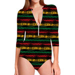 Rastafarian Hemp Pattern Print Long Sleeve Swimsuit