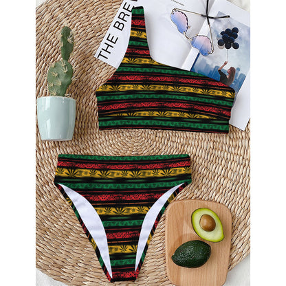 Rastafarian Hemp Pattern Print One Shoulder Bikini Top