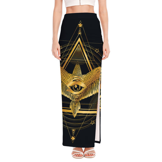Raven Masonic Eye Print High Slit Maxi Skirt