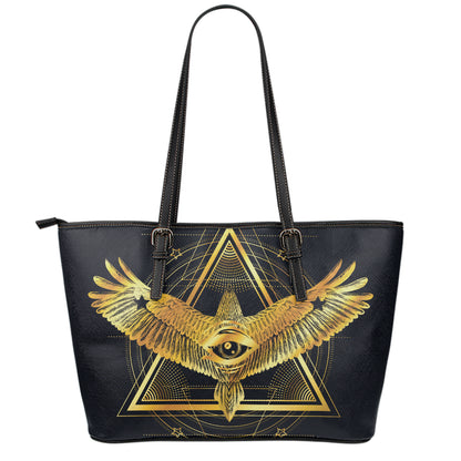 Raven Masonic Eye Print Leather Tote Bag