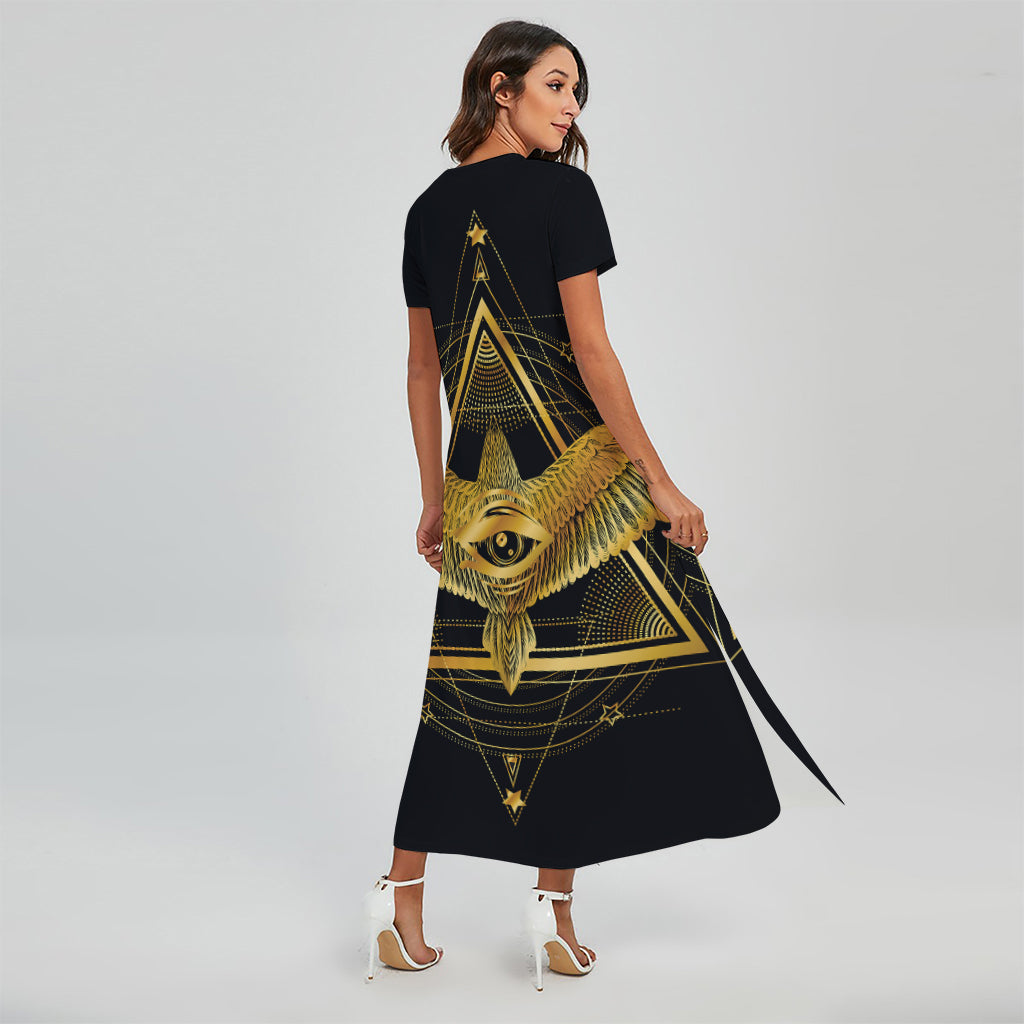 Raven Masonic Eye Print Short Sleeve Maxi Dress