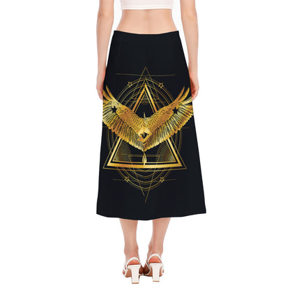 Raven Masonic Eye Print Side Slit Midi Skirt