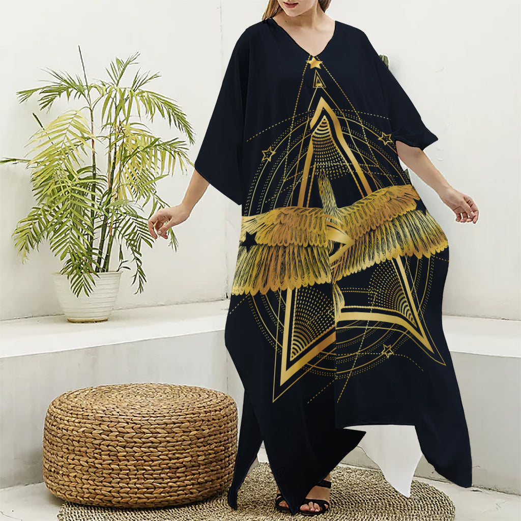 Raven Masonic Eye Print Silk V-Neck Kaftan Dress