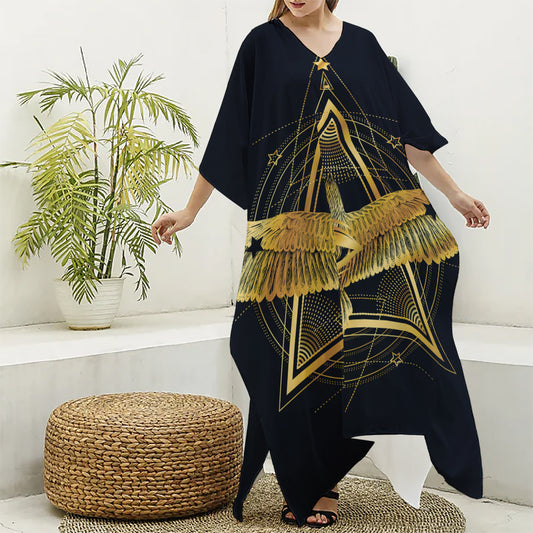 Raven Masonic Eye Print Silk V-Neck Kaftan Dress