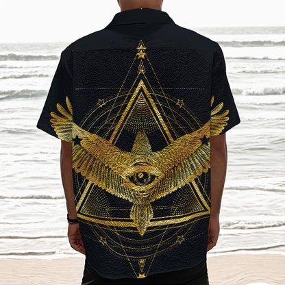 Raven Masonic Eye Print Textured Short Sleeve Shirt
