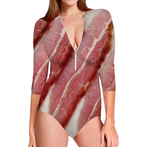 Raw Bacon Print Long Sleeve Swimsuit