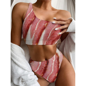 Raw Bacon Print One Shoulder Bikini Top