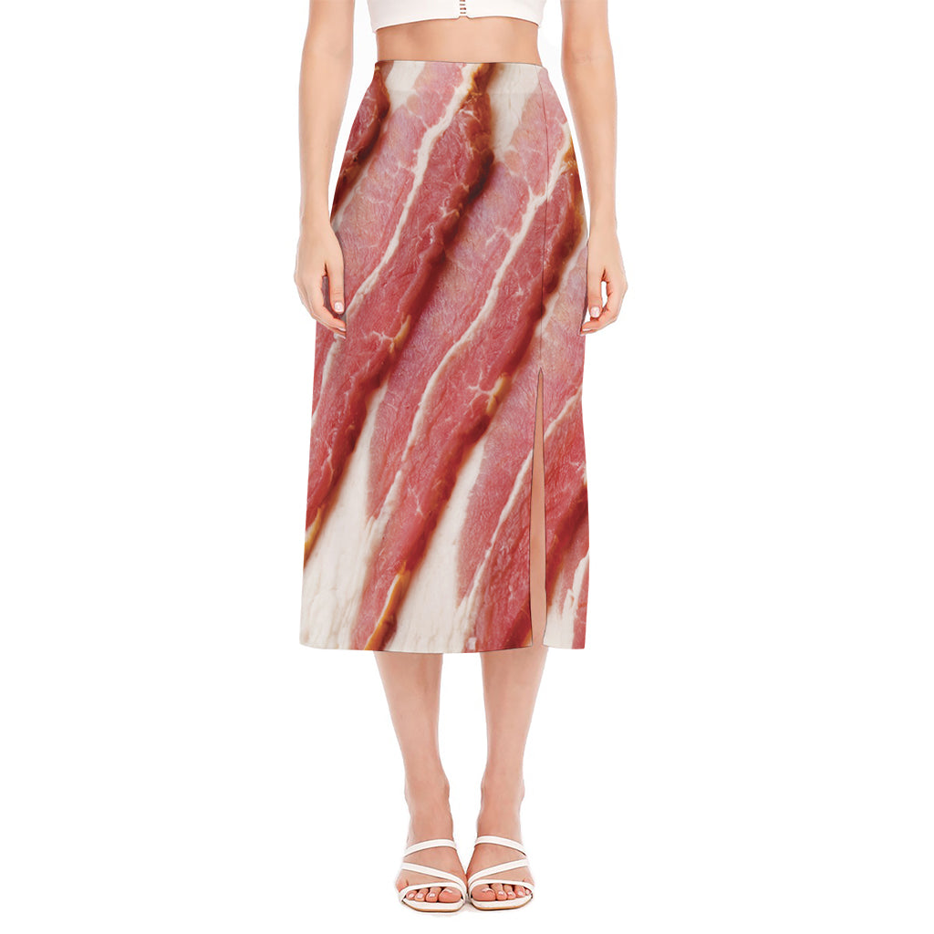 Raw Bacon Print Side Slit Midi Skirt