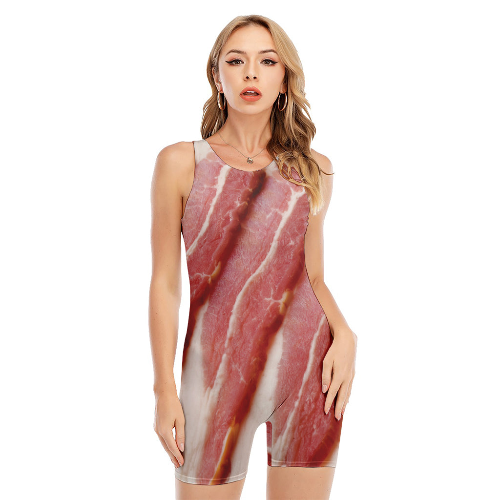 Raw Bacon Print Sleeveless One Piece Swimsuit