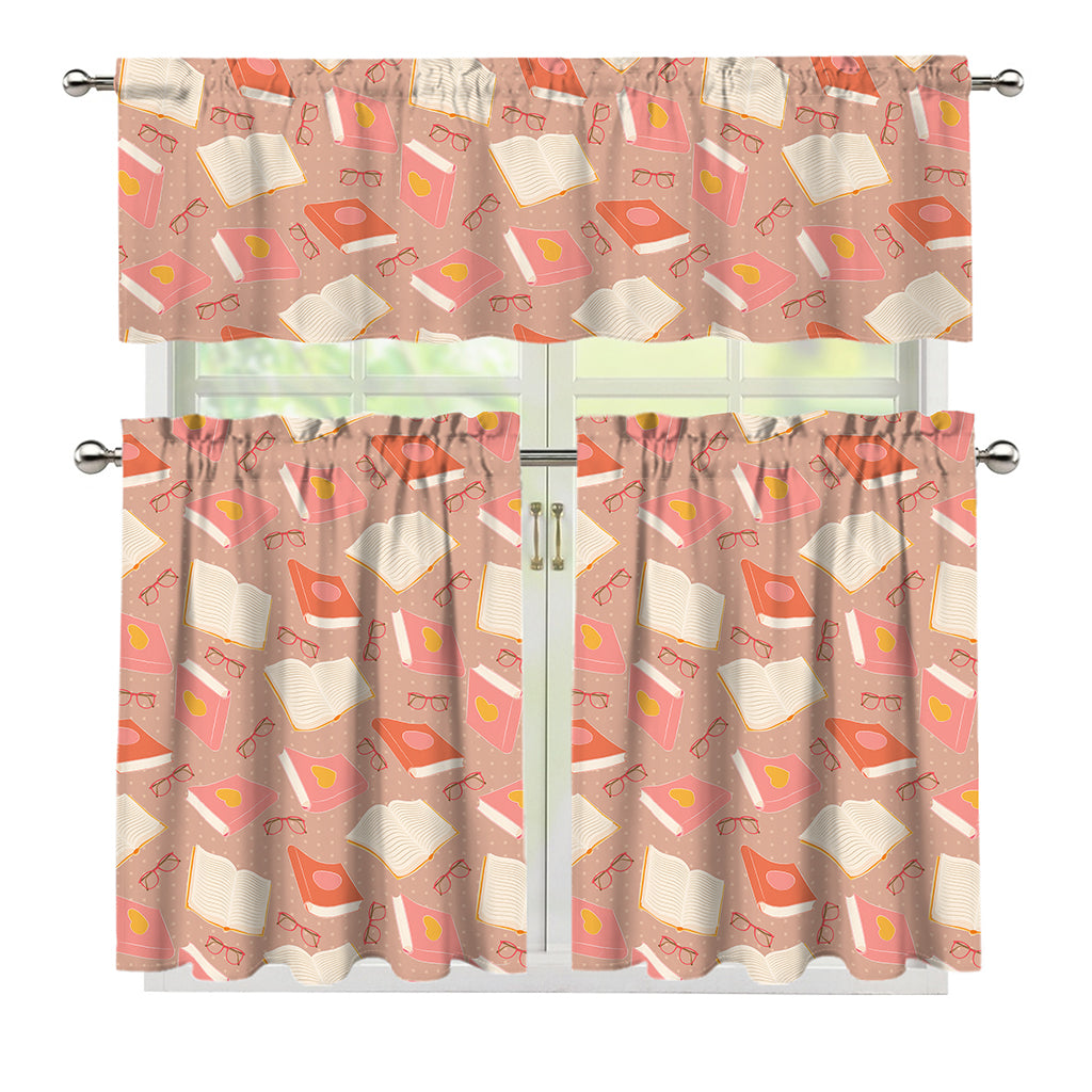 Reading Books And Glasses Pattern Print 3 Piece Kitchen Curtains
