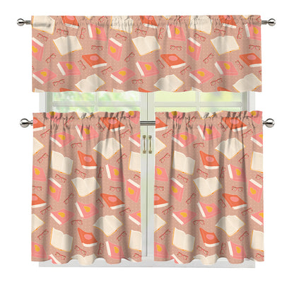 Reading Books And Glasses Pattern Print 3 Piece Kitchen Curtains