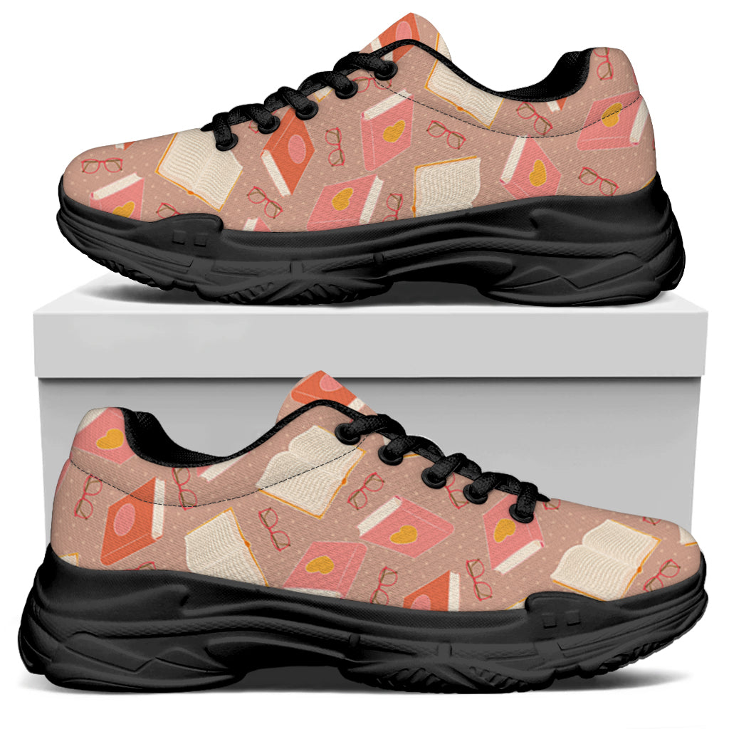 Reading Books And Glasses Pattern Print Black Chunky Shoes