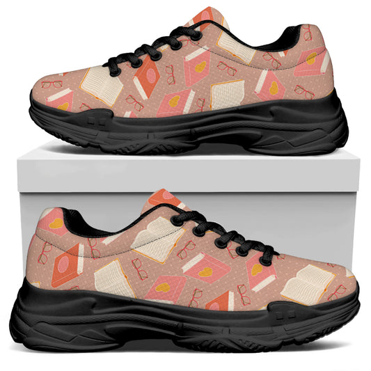 Reading Books And Glasses Pattern Print Black Chunky Shoes