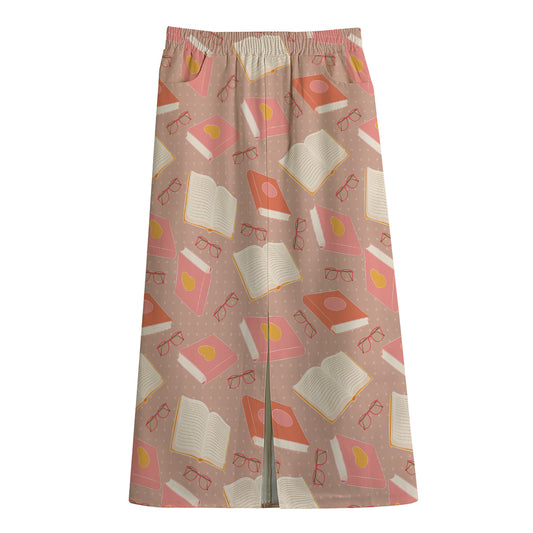 Reading Books And Glasses Pattern Print Cotton Front Slit Maxi Skirt