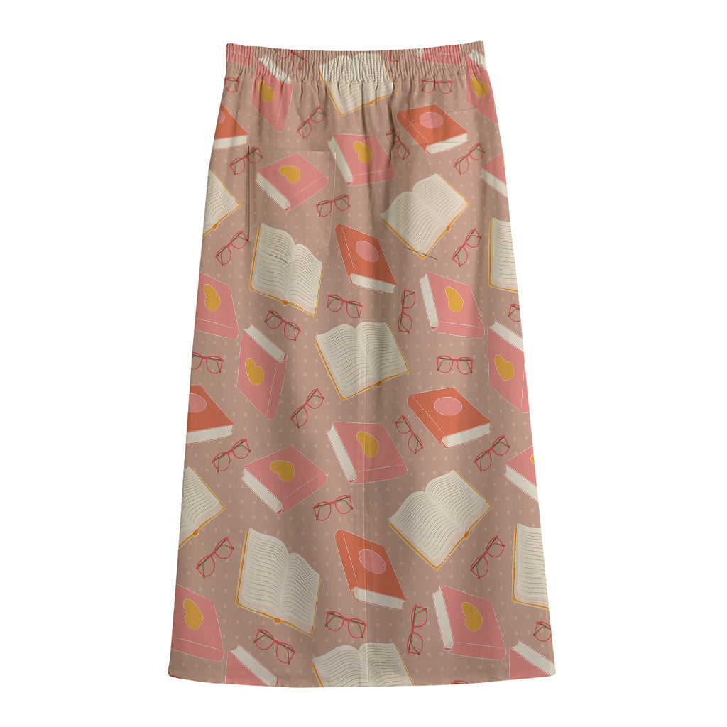 Reading Books And Glasses Pattern Print Cotton Front Slit Maxi Skirt