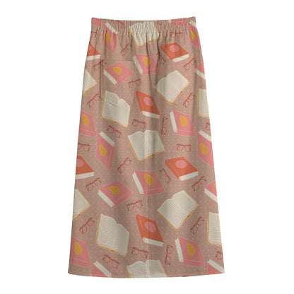Reading Books And Glasses Pattern Print Cotton Front Slit Maxi Skirt