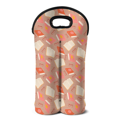 Reading Books And Glasses Pattern Print Double Neoprene Wine Tote
