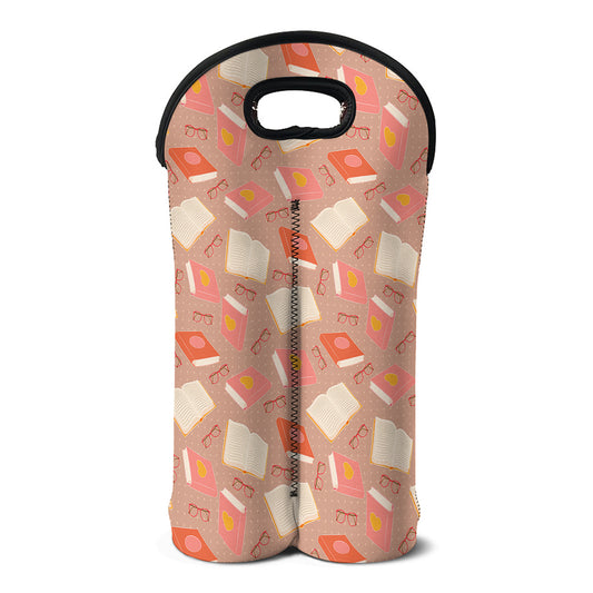 Reading Books And Glasses Pattern Print Double Neoprene Wine Tote