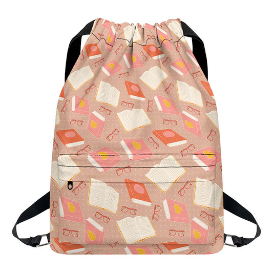 Reading Books And Glasses Pattern Print Drawstring Backpack