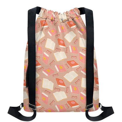 Reading Books And Glasses Pattern Print Drawstring Backpack
