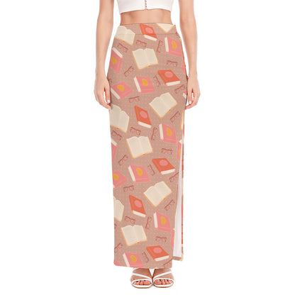 Reading Books And Glasses Pattern Print High Slit Maxi Skirt