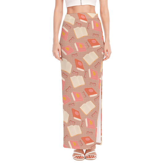 Reading Books And Glasses Pattern Print High Slit Maxi Skirt
