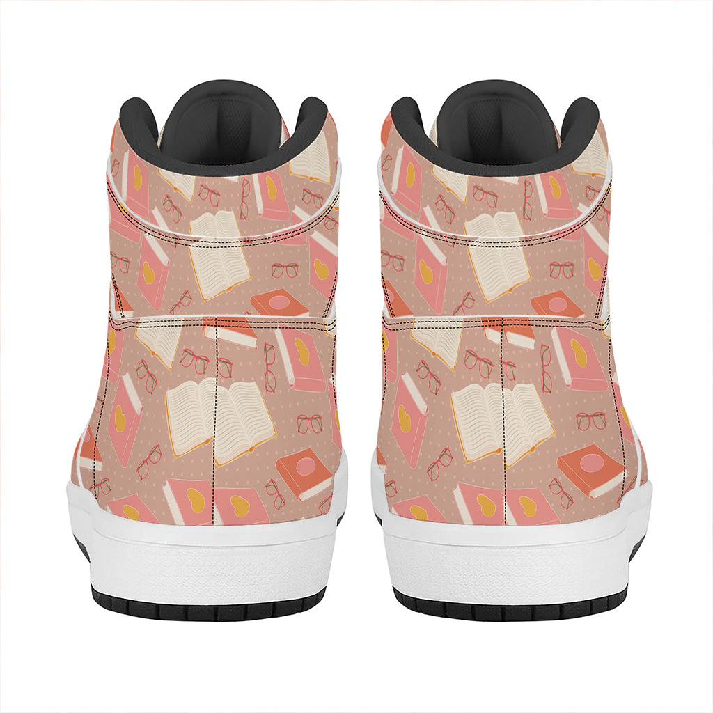 Reading Books And Glasses Pattern Print High Top Leather Sneakers