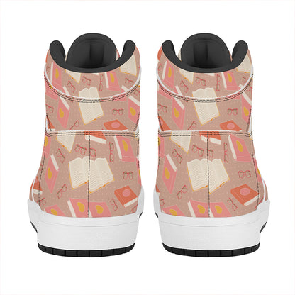 Reading Books And Glasses Pattern Print High Top Leather Sneakers
