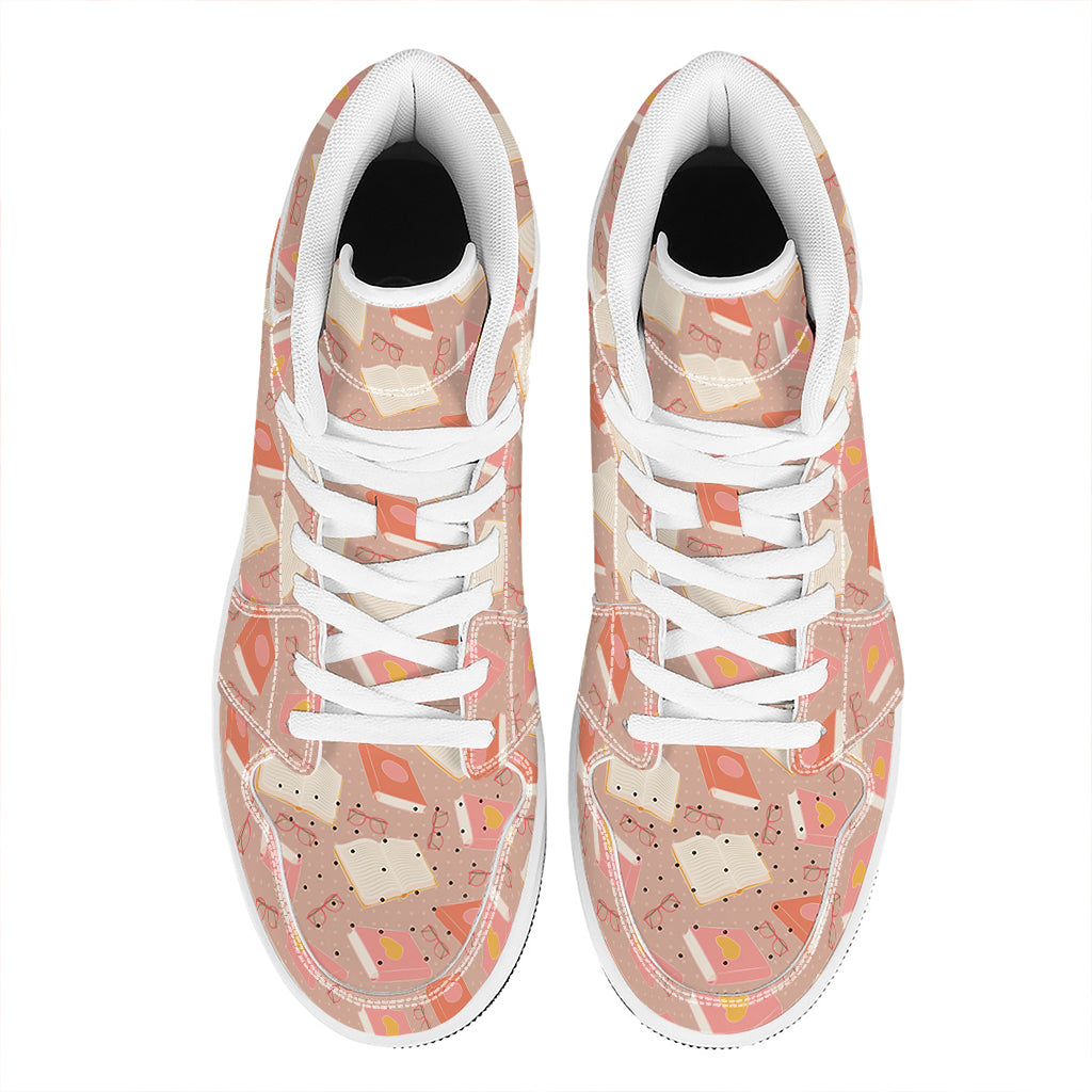 Reading Books And Glasses Pattern Print High Top Leather Sneakers