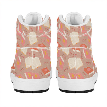 Reading Books And Glasses Pattern Print High Top Leather Sneakers