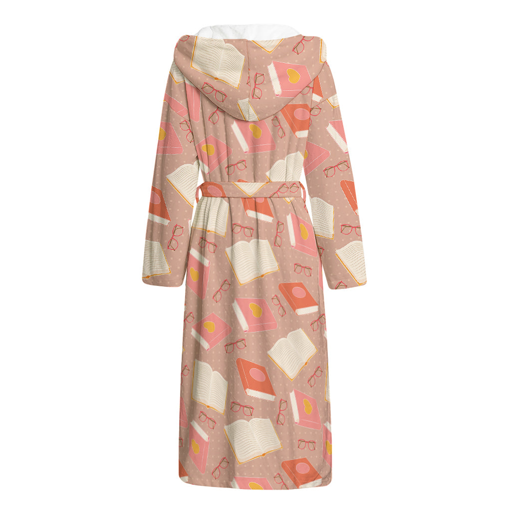 Reading Books And Glasses Pattern Print Hooded Bathrobe