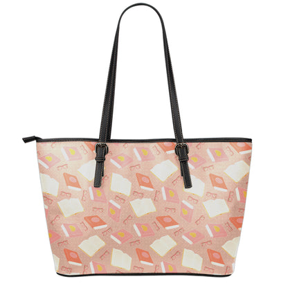 Reading Books And Glasses Pattern Print Leather Tote Bag