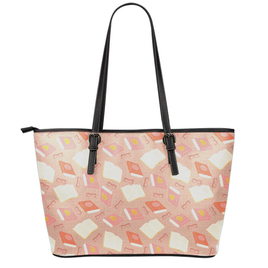 Reading Books And Glasses Pattern Print Leather Tote Bag