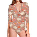Reading Books And Glasses Pattern Print Long Sleeve Swimsuit